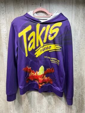 Takis Fuego Purple Graphic Pullover Hoodie XL Snack Chips Print